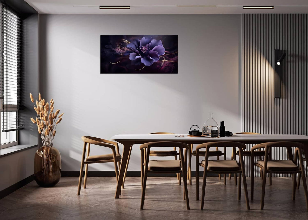 Purple flower wall canvas on wall above dining table, landscape rectangle