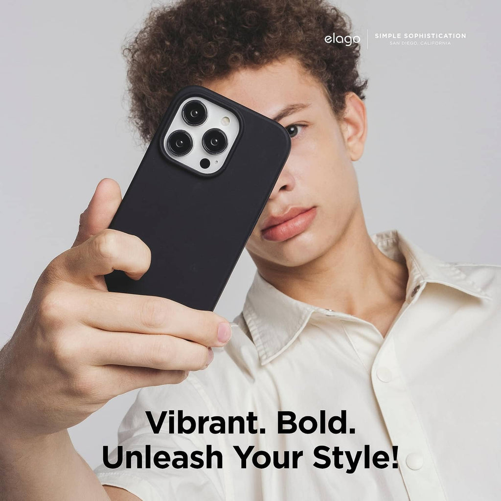 Black silicone phone case held in hand with camera cutout visible