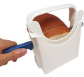 White foldable bread slicer guide with bread loaf and slice guide walls