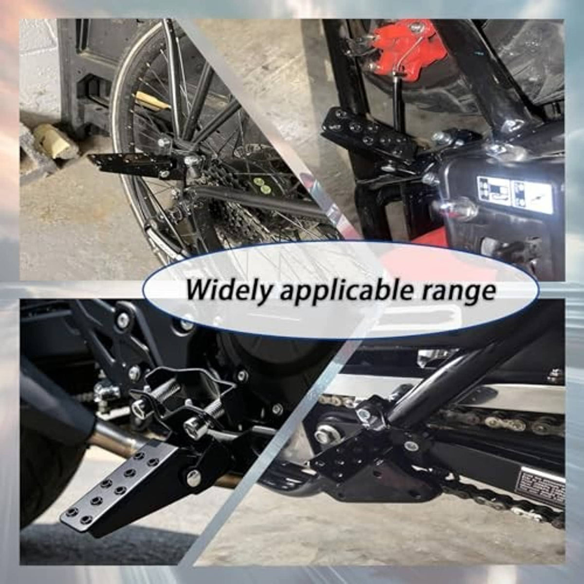 Black clamp-on foldable foot pegs mounted on a motorcycle frame near the footrest