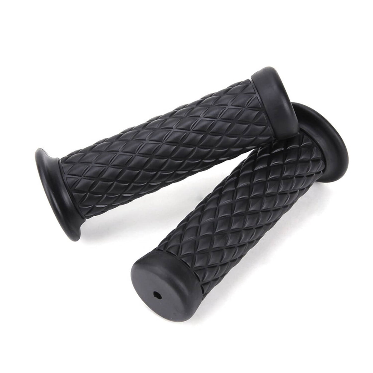 Black motorcycle hand grips with diamond lattice texture and thick round end caps