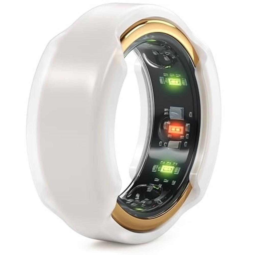Frosted white smart ring protector with gold edge, internal screen visible through the clear window