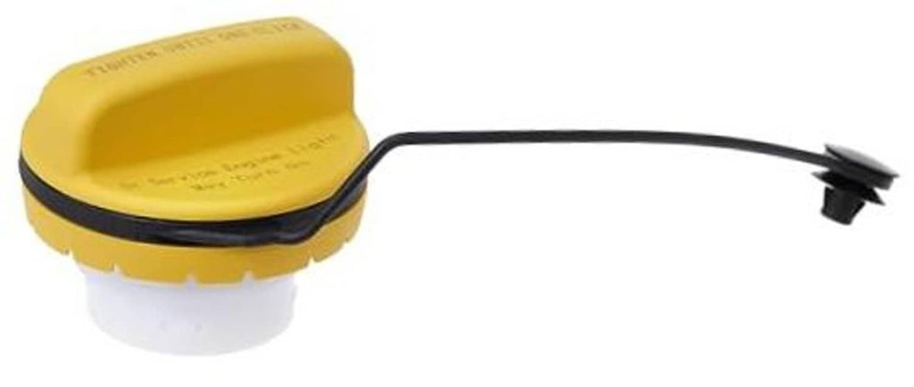 Yellow fuel tank filler cap with black seal and attached vent hose