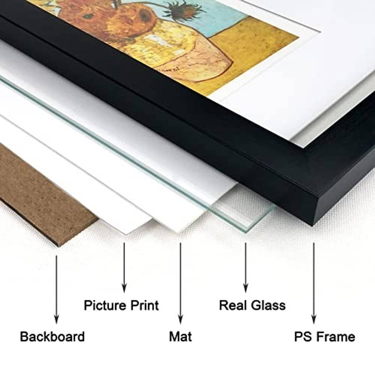 Black picture frame with real glass, white mat, and layered backing