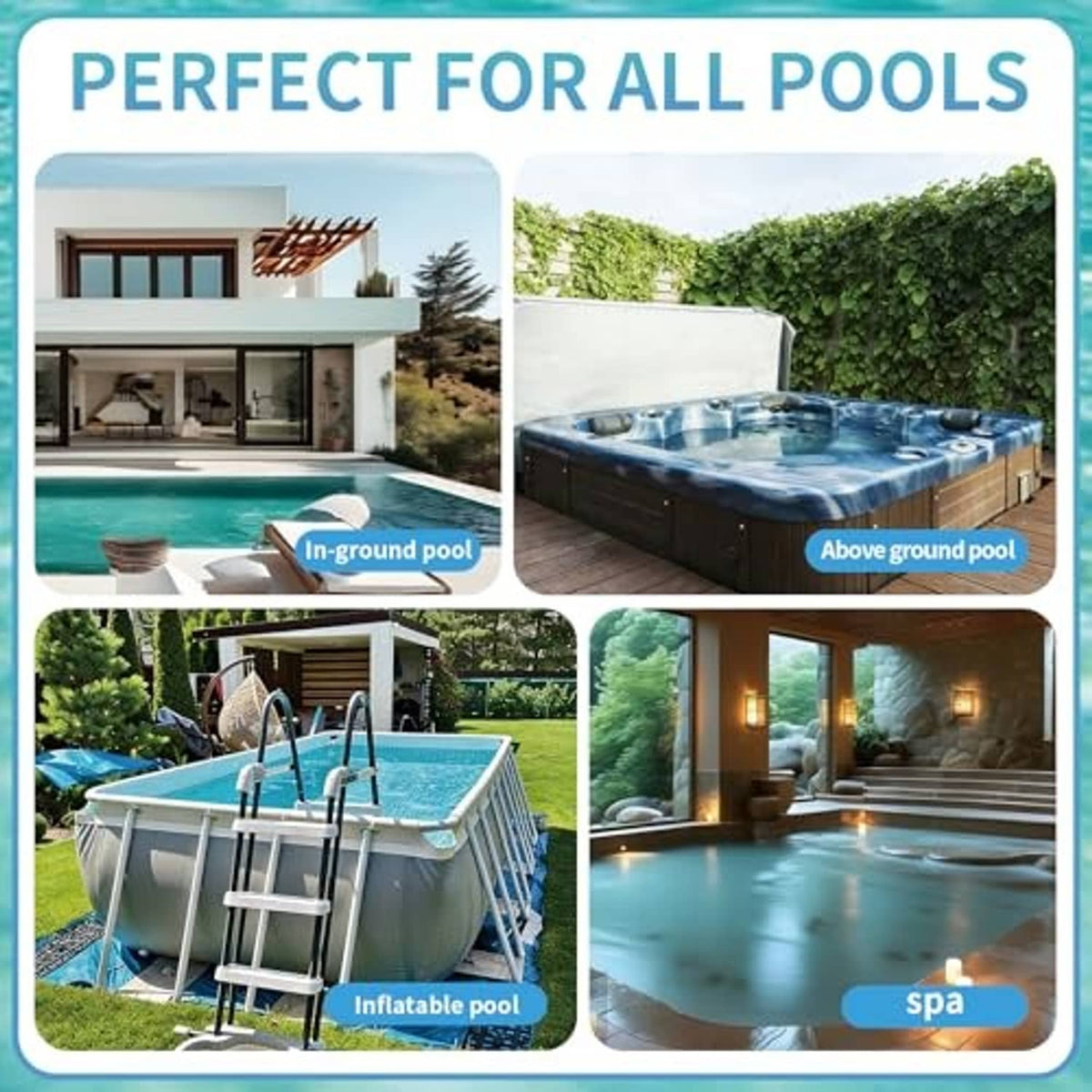 Pool vacuum head shown for in-ground, above-ground, inflatable pools, and spa