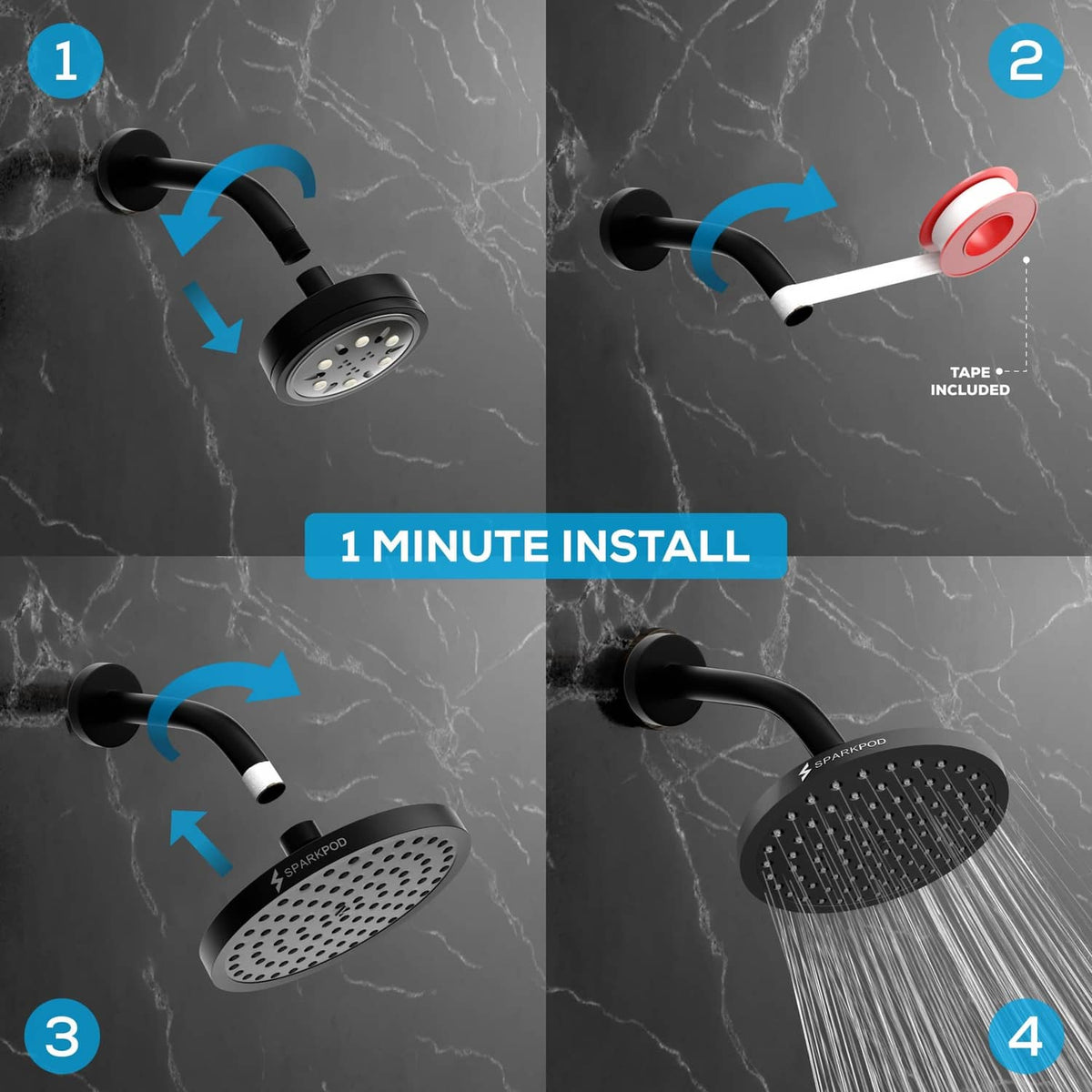 Round rain shower head with shown install steps and included tape