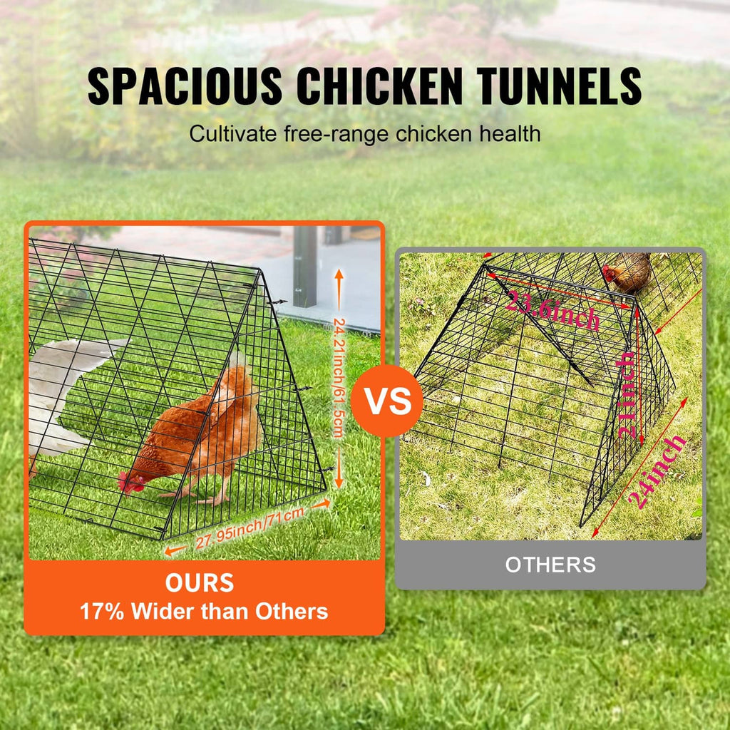 Two chicken tunnel wire-mesh enclosures shown side-by-side on grass