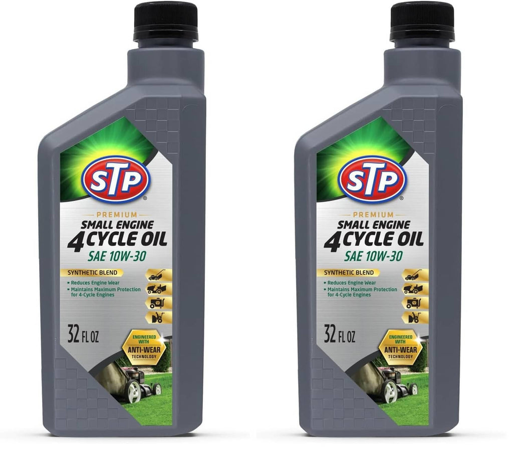Two STP SAE 10W-30 4-cycle small engine oil bottles, 32 fl oz each, dark gray gray