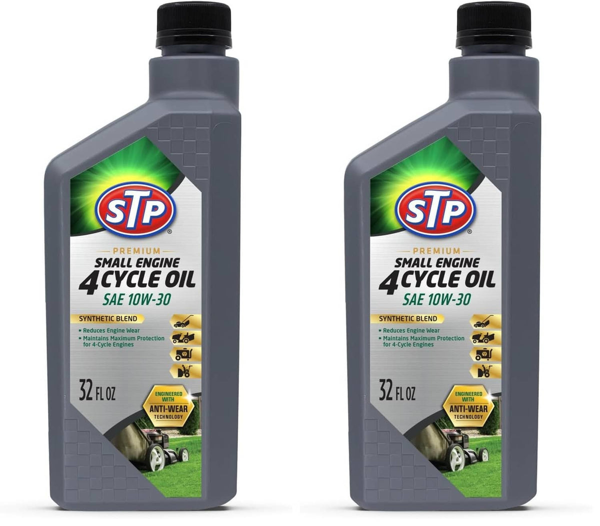 Two STP SAE 10W-30 4-cycle small engine oil bottles, 32 fl oz each, dark gray gray