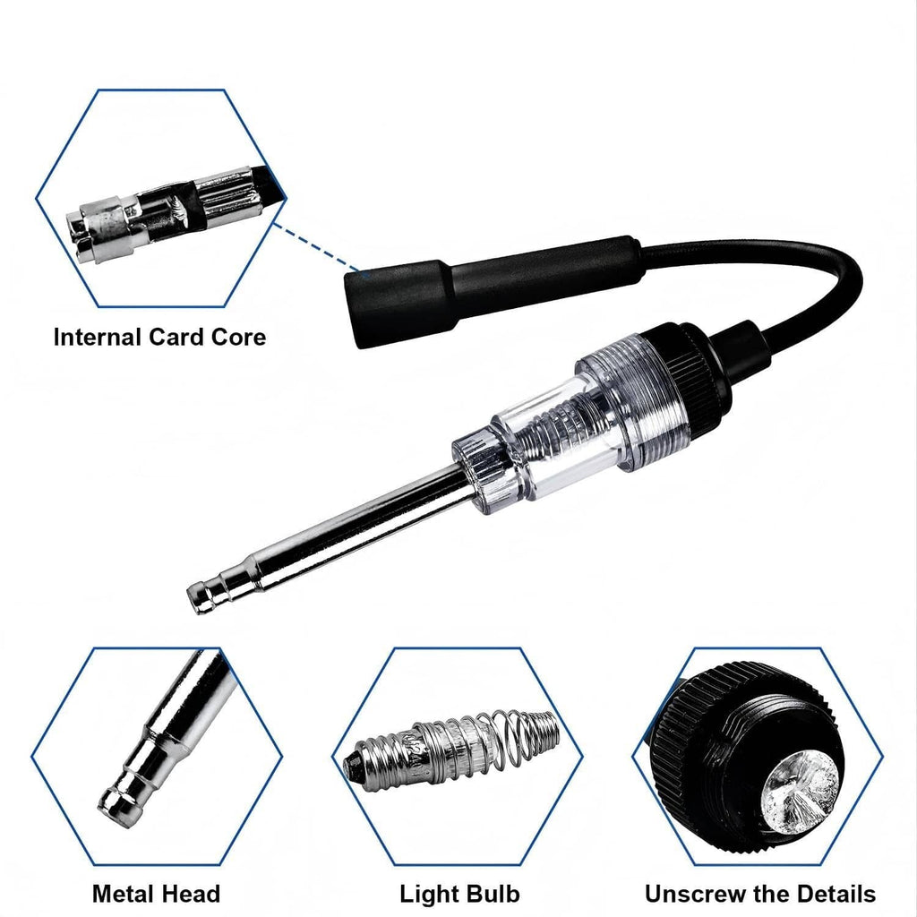 Ignition spark tester bulb with metal probe tip and black cable connector