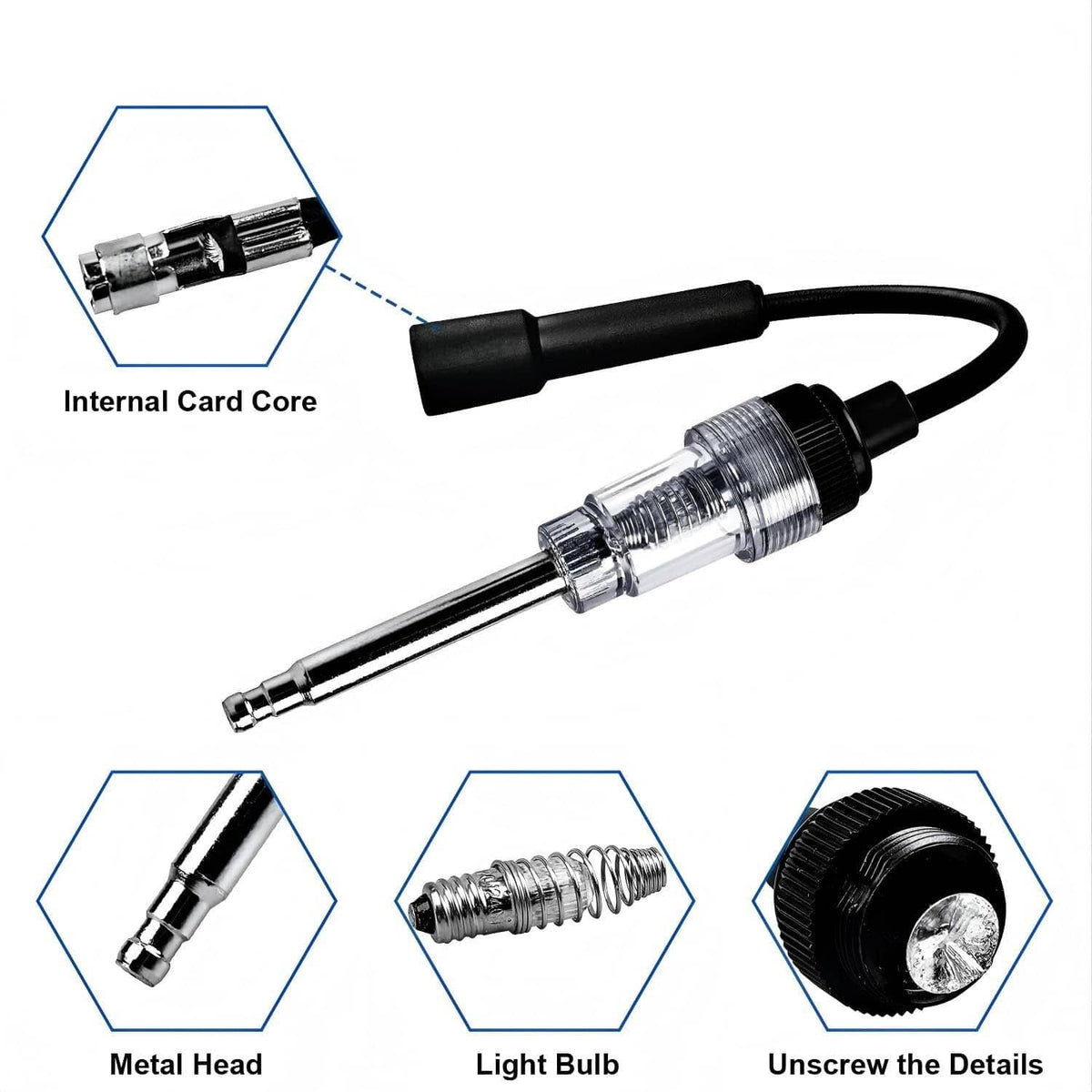 Ignition spark tester bulb with metal probe tip and black cable connector