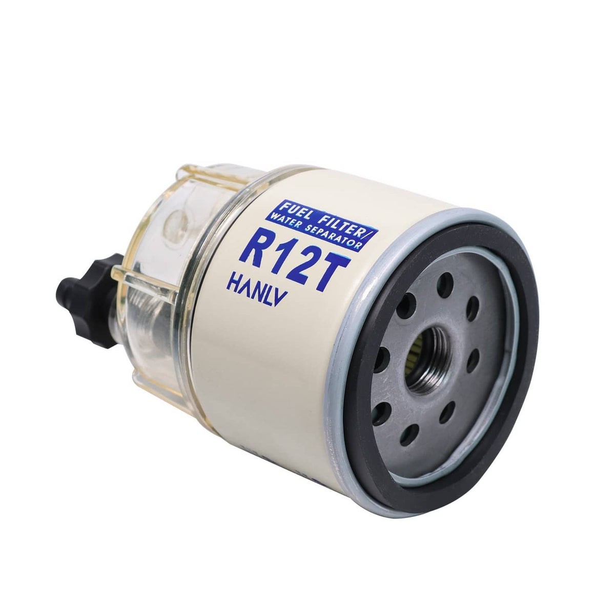 R12T spin-on fuel filter water separator with round filter cap and black outlet nozzle