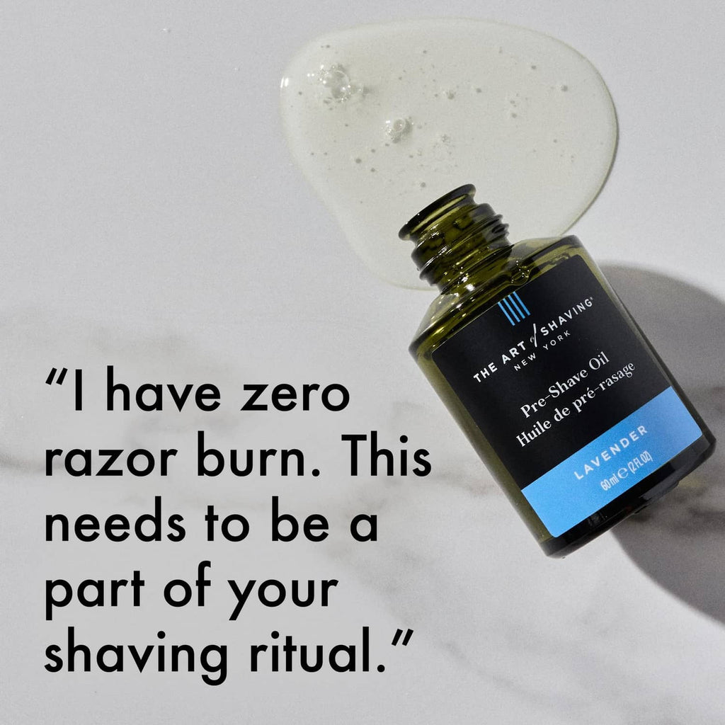 Lavender pre-shave oil bottle with clear oil drop, The Art of Shaving.