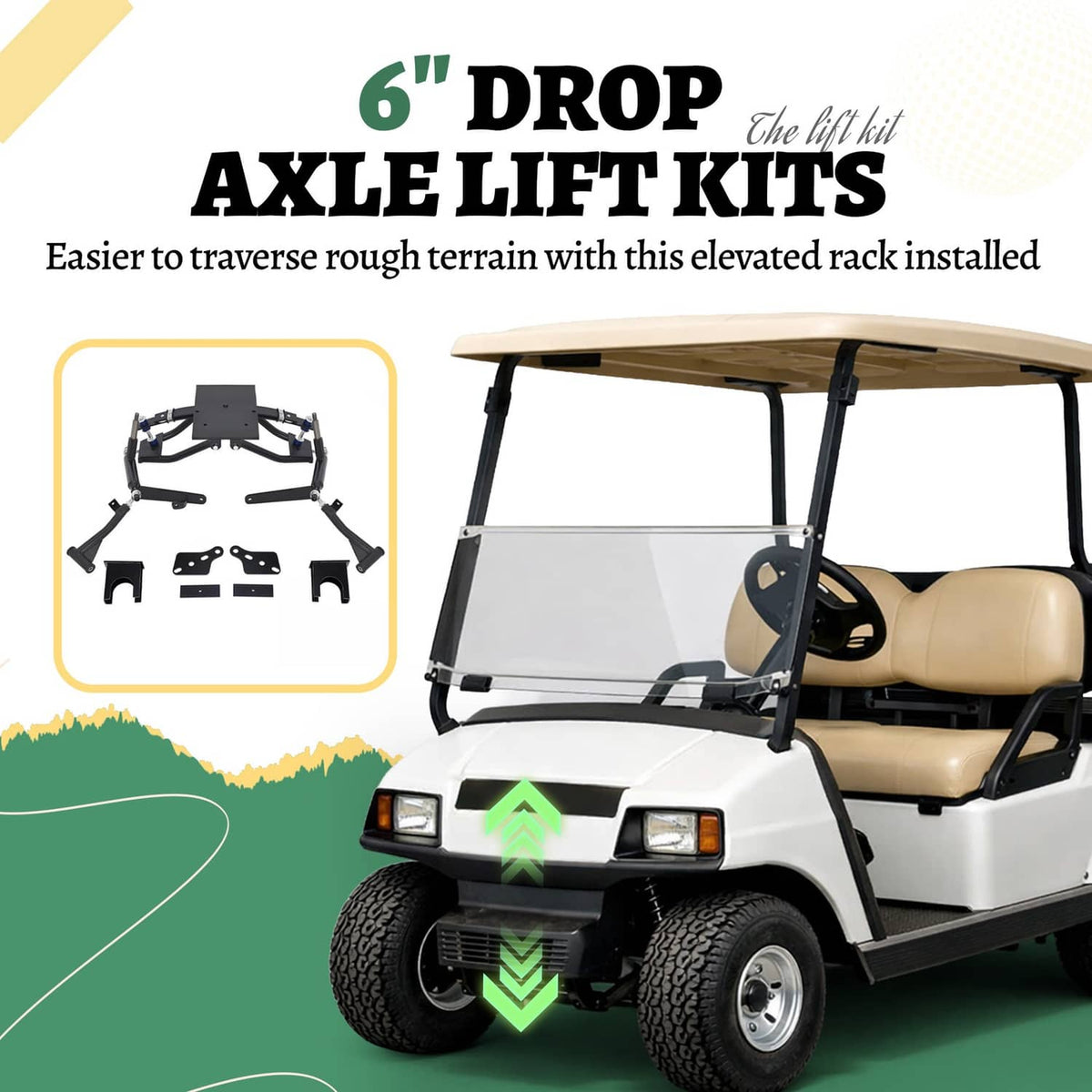 Golf cart front with A-arm lift kit, raised stance, and 6 in axle lift
