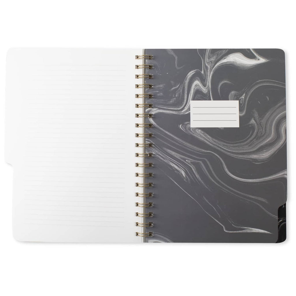 Large tab notebook open, dark marble right cover with blank label tab