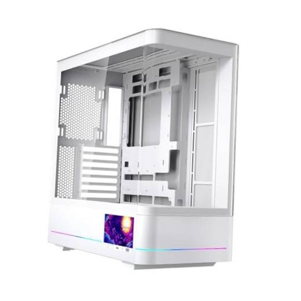 White ATX PC case showing open interior frame and modular drive bay mounts