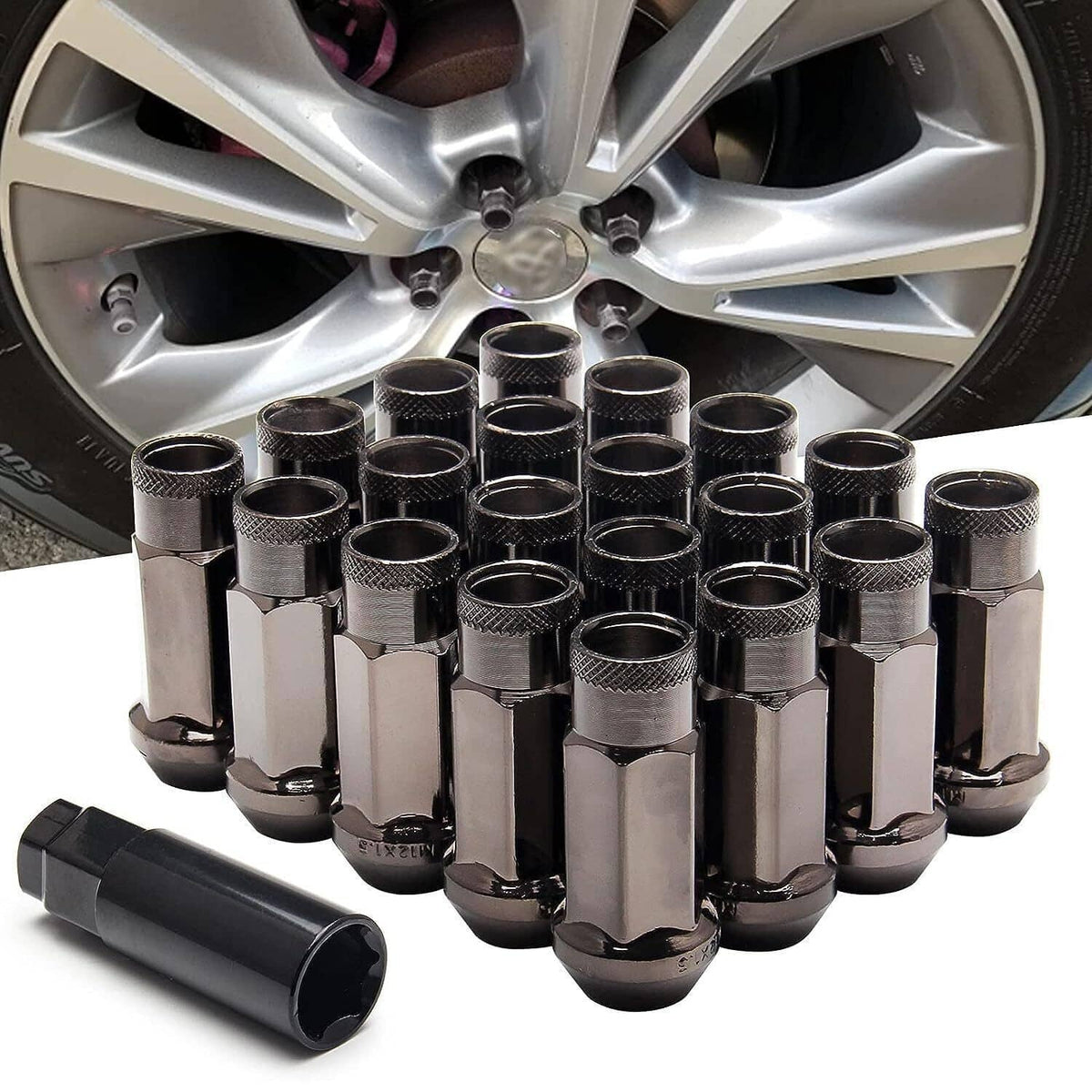 Wheel lug nuts installed on alloy wheel with extended socket tool