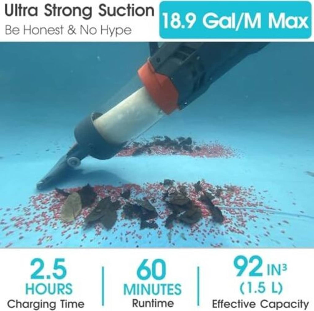 Cordless pool vacuum nozzle with brush head removing debris on pool floor