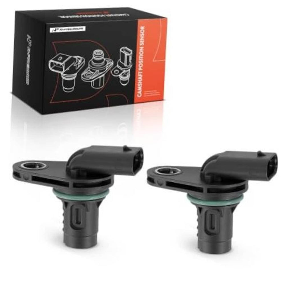 Pair of camshaft position sensors, black housings with green seals and mounting flanges