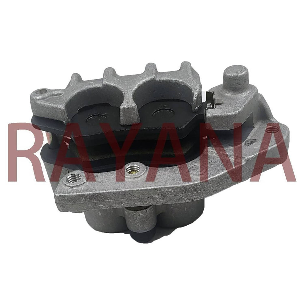 Front brake caliper, dark gray metal body with two black pad sections