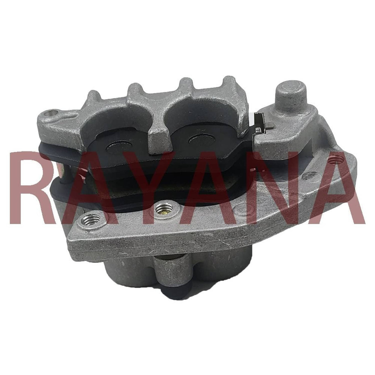 Front brake caliper, dark gray metal body with two black pad sections