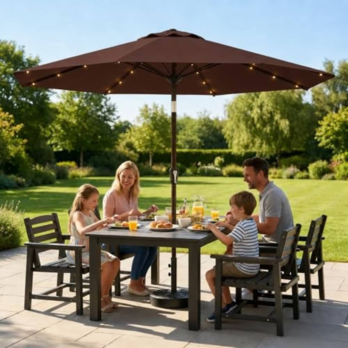 Brown patio umbrella over an outdoor dining table with solar LED lights