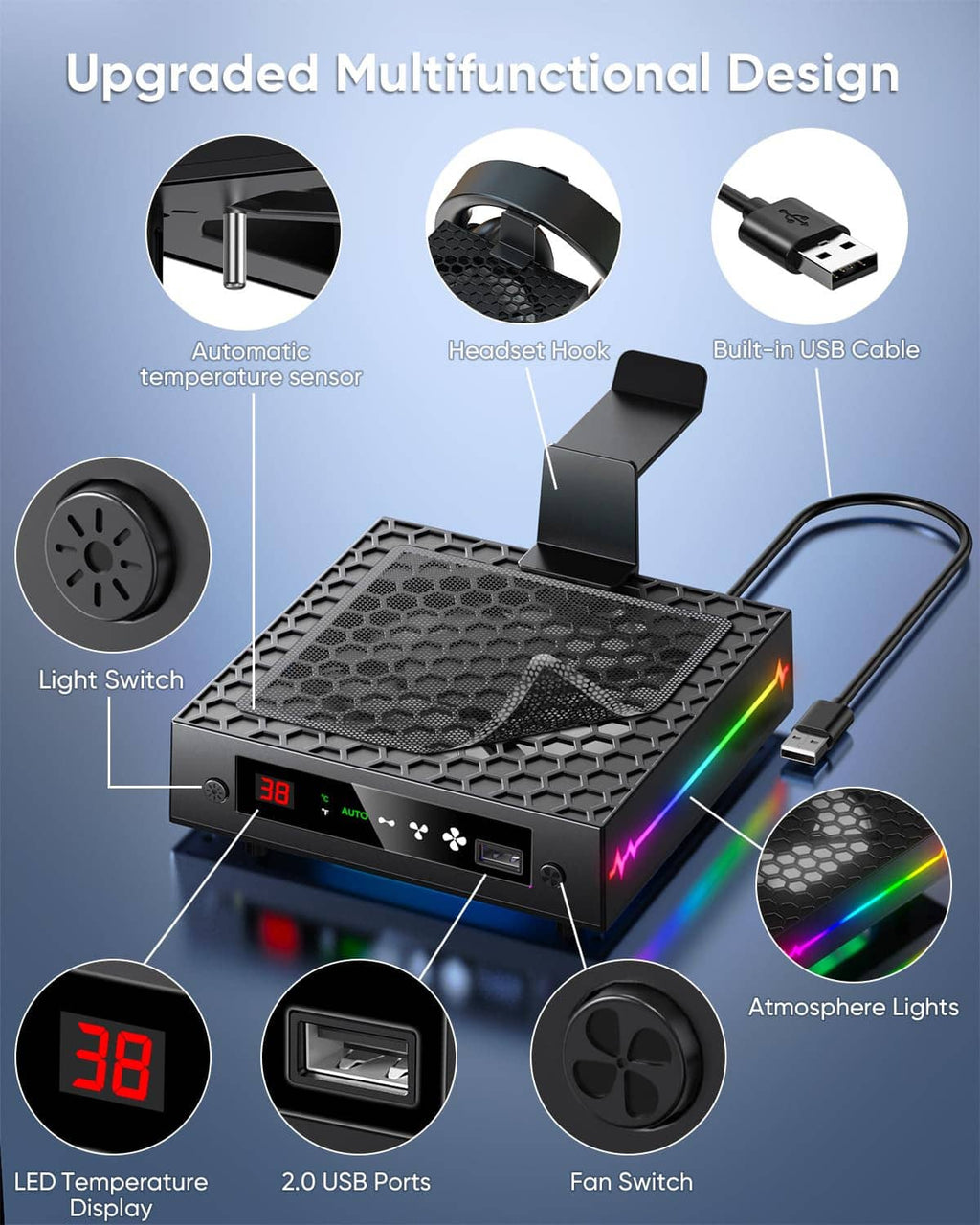 Black cooling fan with temperature sensor, USB ports, and RGB light bar