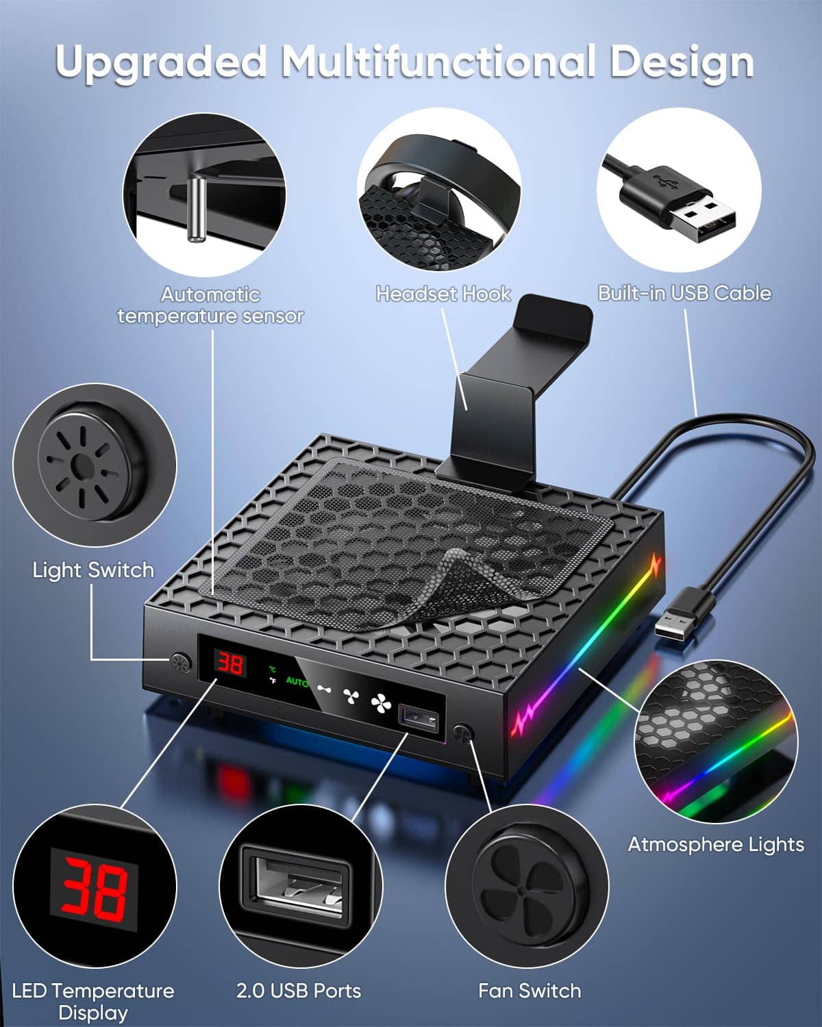 Black cooling fan with temperature sensor, USB ports, and RGB light bar