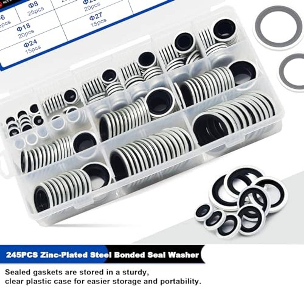 Bonded sealing washers assortment in plastic tray with black-sealed rings and steel cores