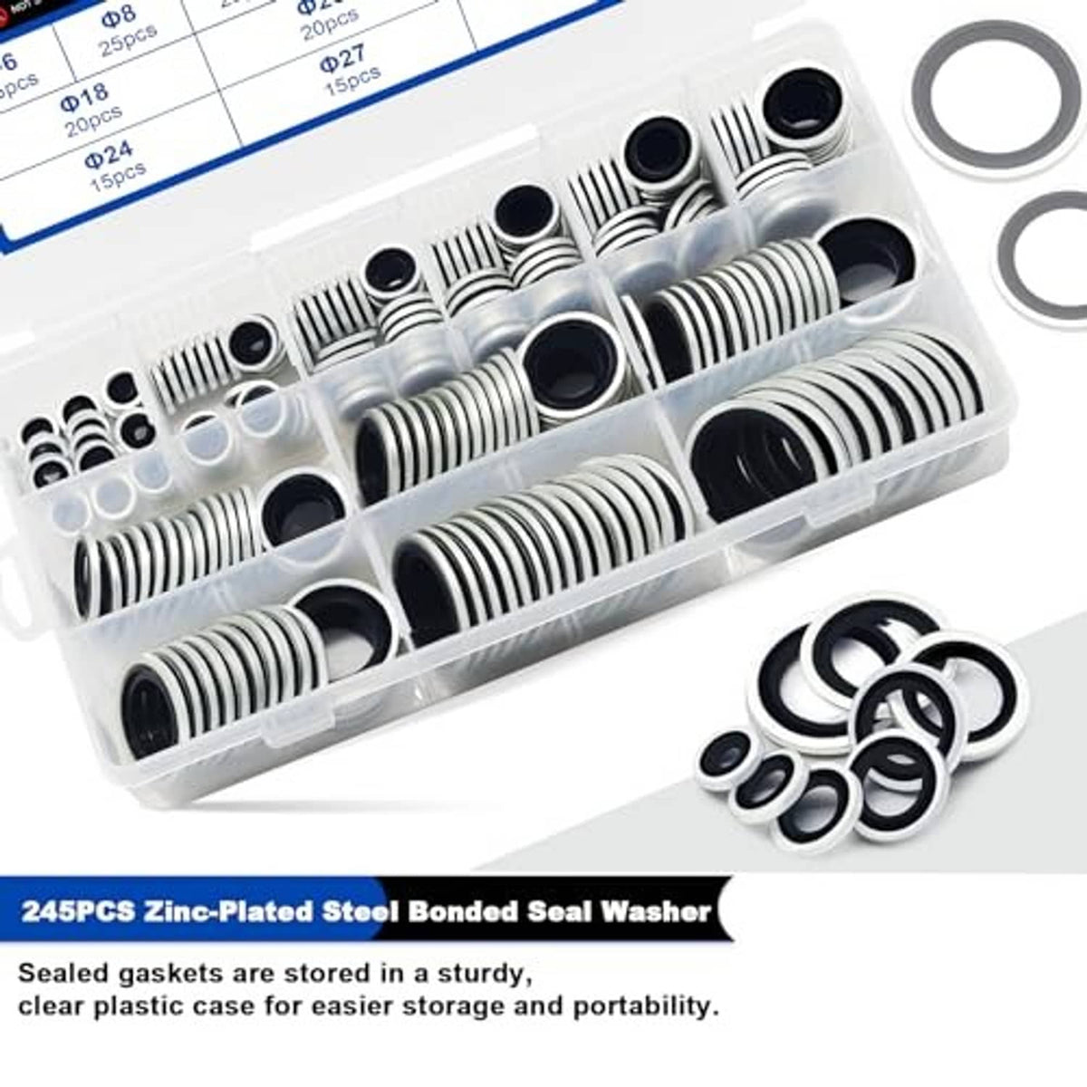 Bonded sealing washers assortment in plastic tray with black-sealed rings and steel cores