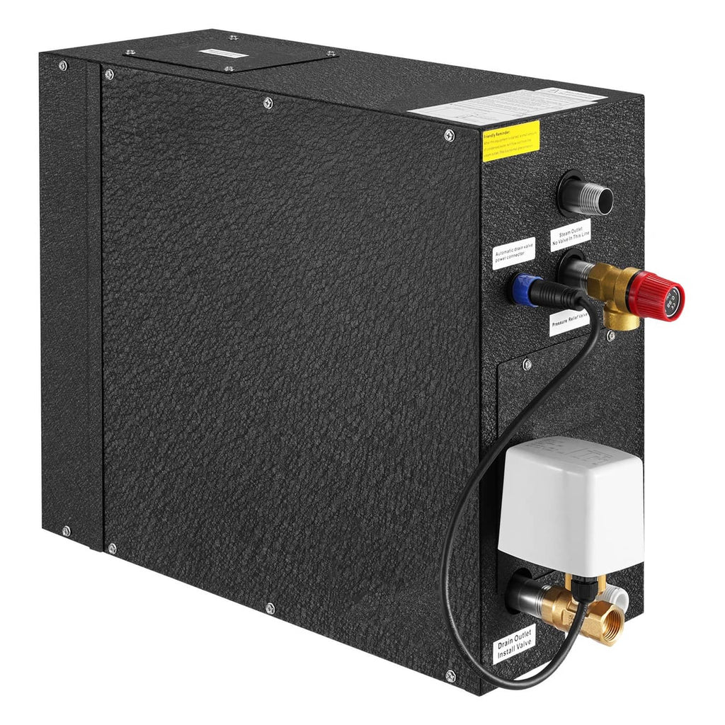 Black steam generator unit with brass fittings and two colored control knobs