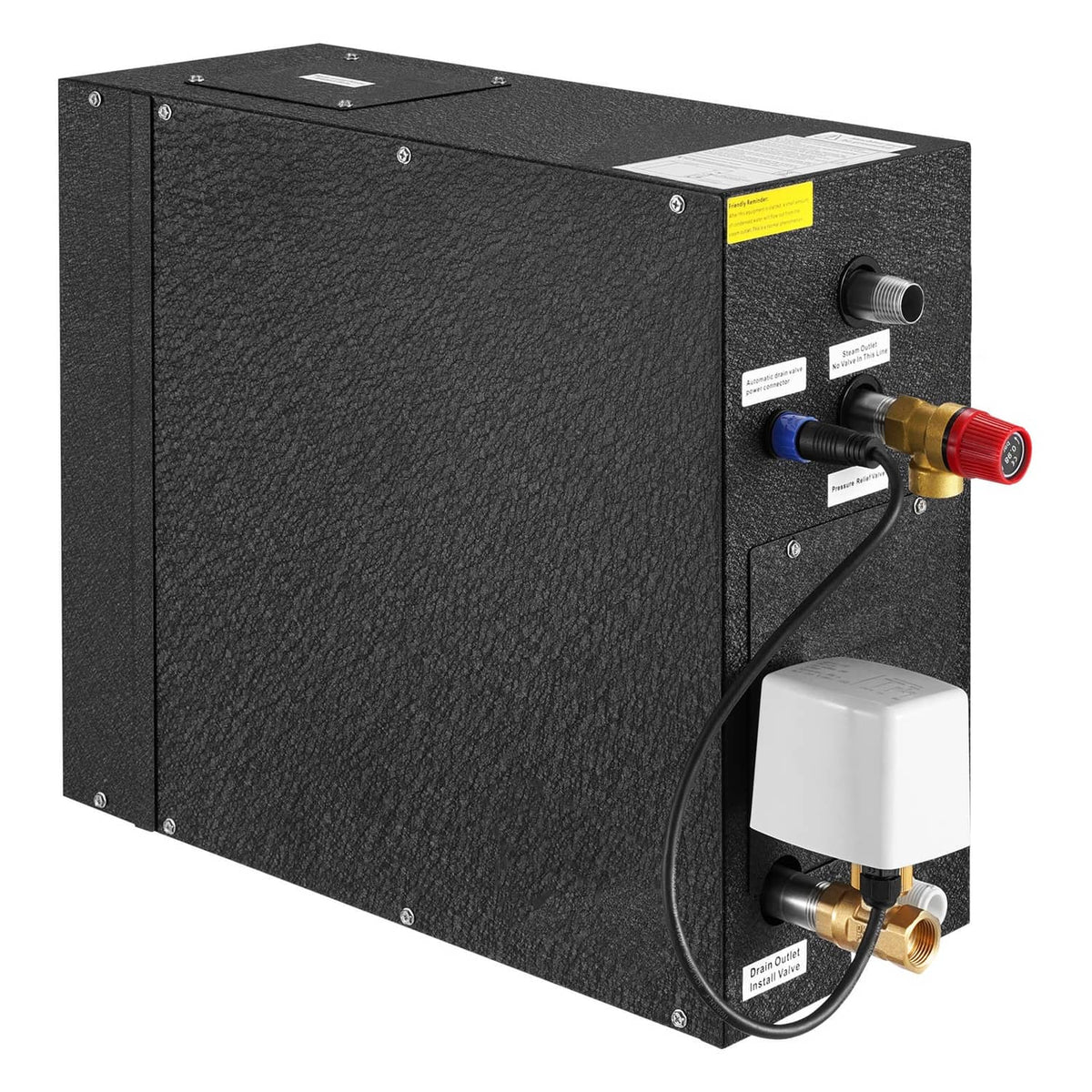 Black steam generator unit with brass fittings and two colored control knobs