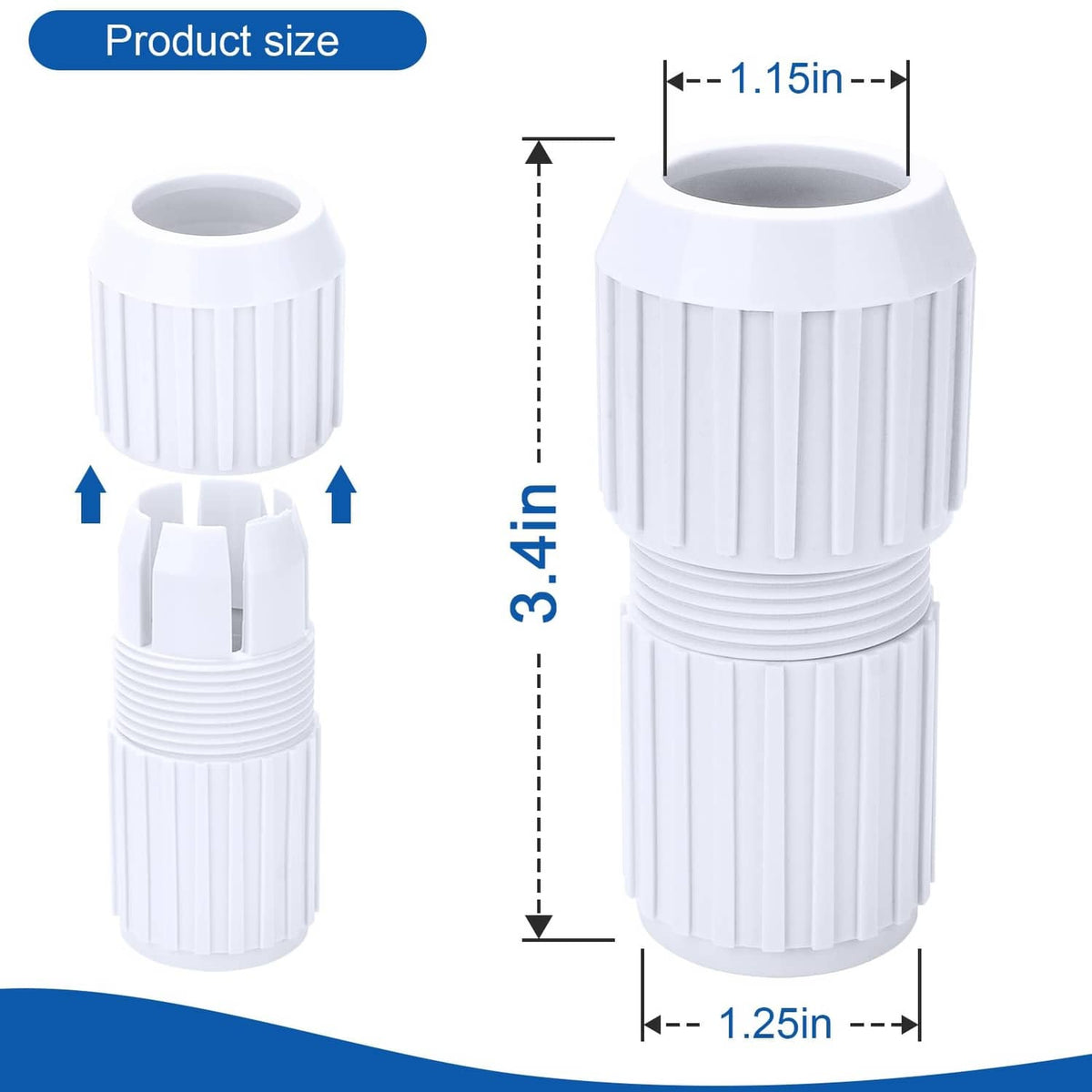 White ribbed cam lock connector, 3.4 in length, 1.25 in diameter