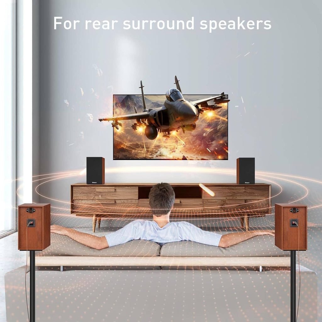 Wood passive surround speakers placed on either side of a home entertainment setup