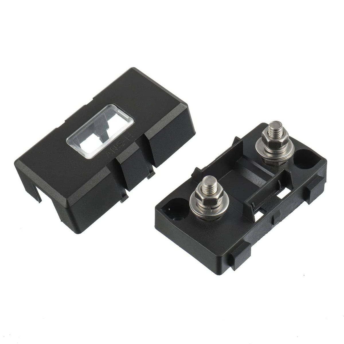 Black AMI/Midi fuse holder with clear window and two metal terminals