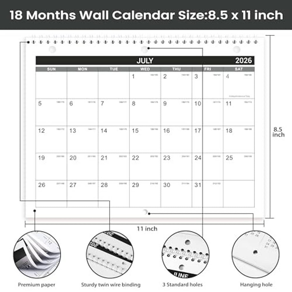 18-month wall calendar layout for July 2026, with binding and sizing callouts