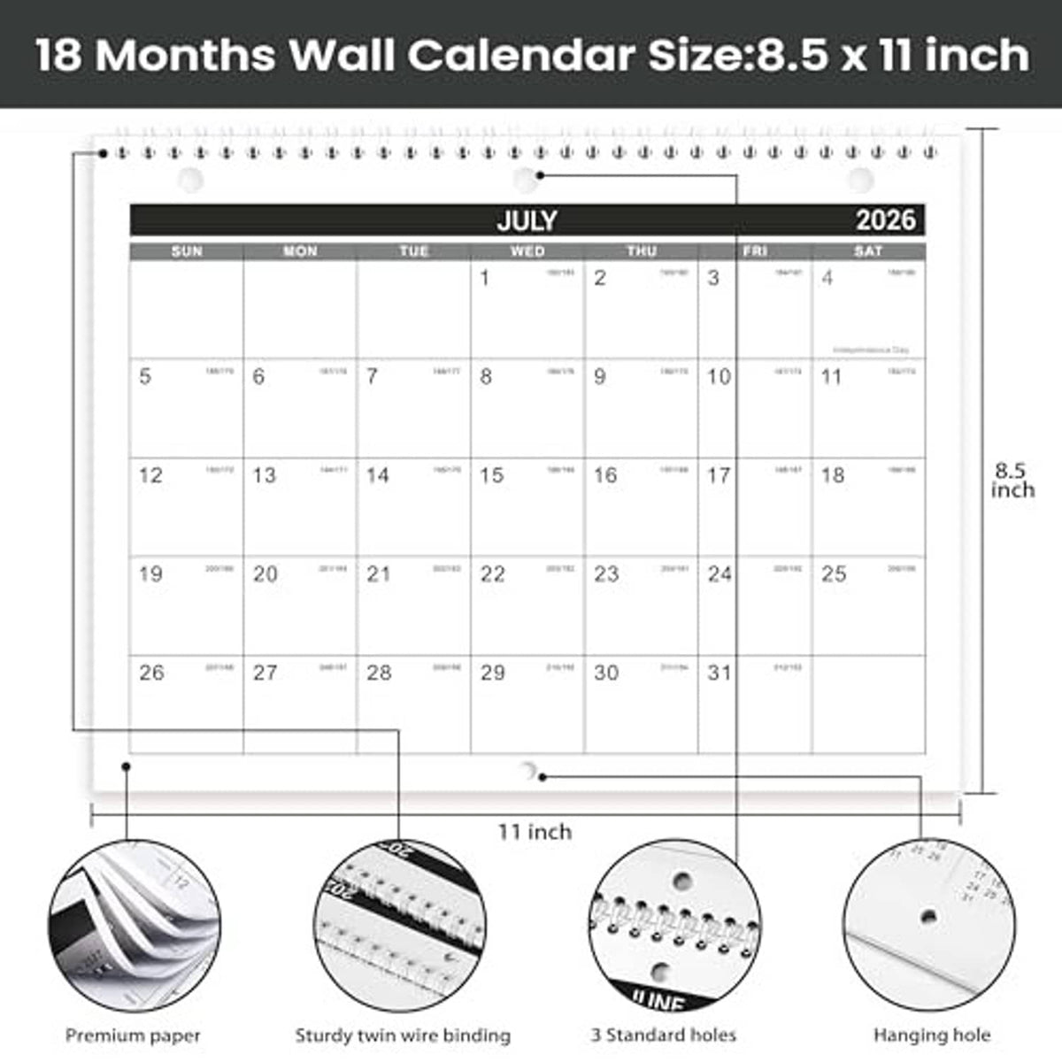 18-month wall calendar layout for July 2026, with binding and sizing callouts