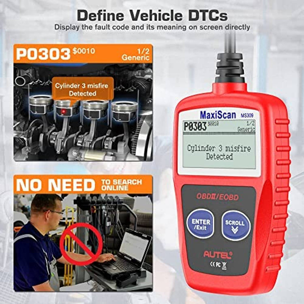 Red OBD II scan tool displaying DTC P0303 cylinder misfire on LCD screen