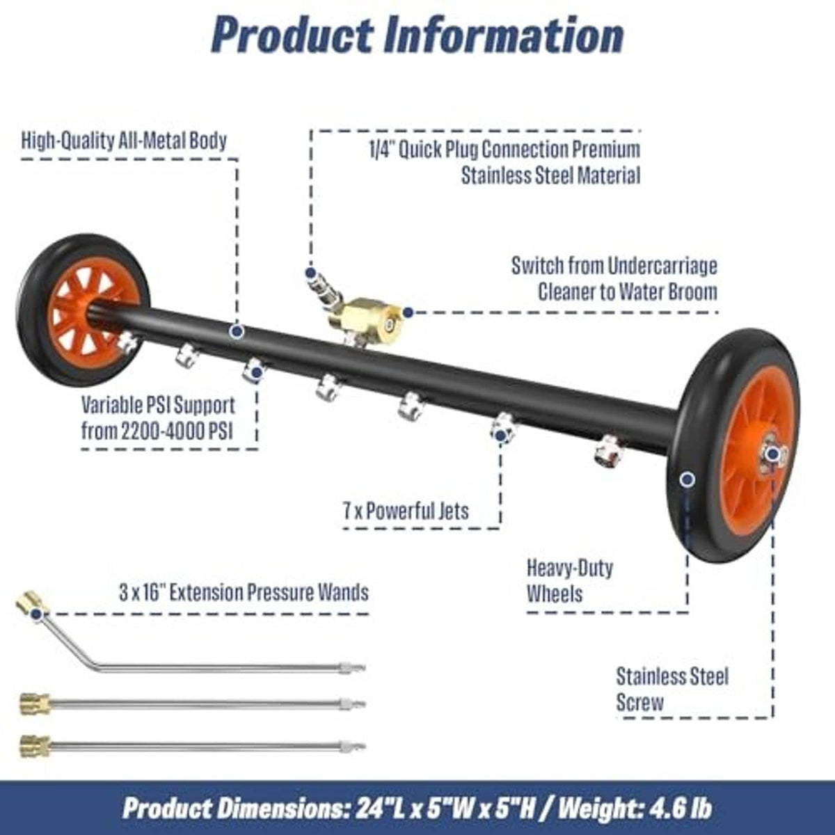 Parts diagram of undercarriage pressure washer attachment with extension wands and fittings