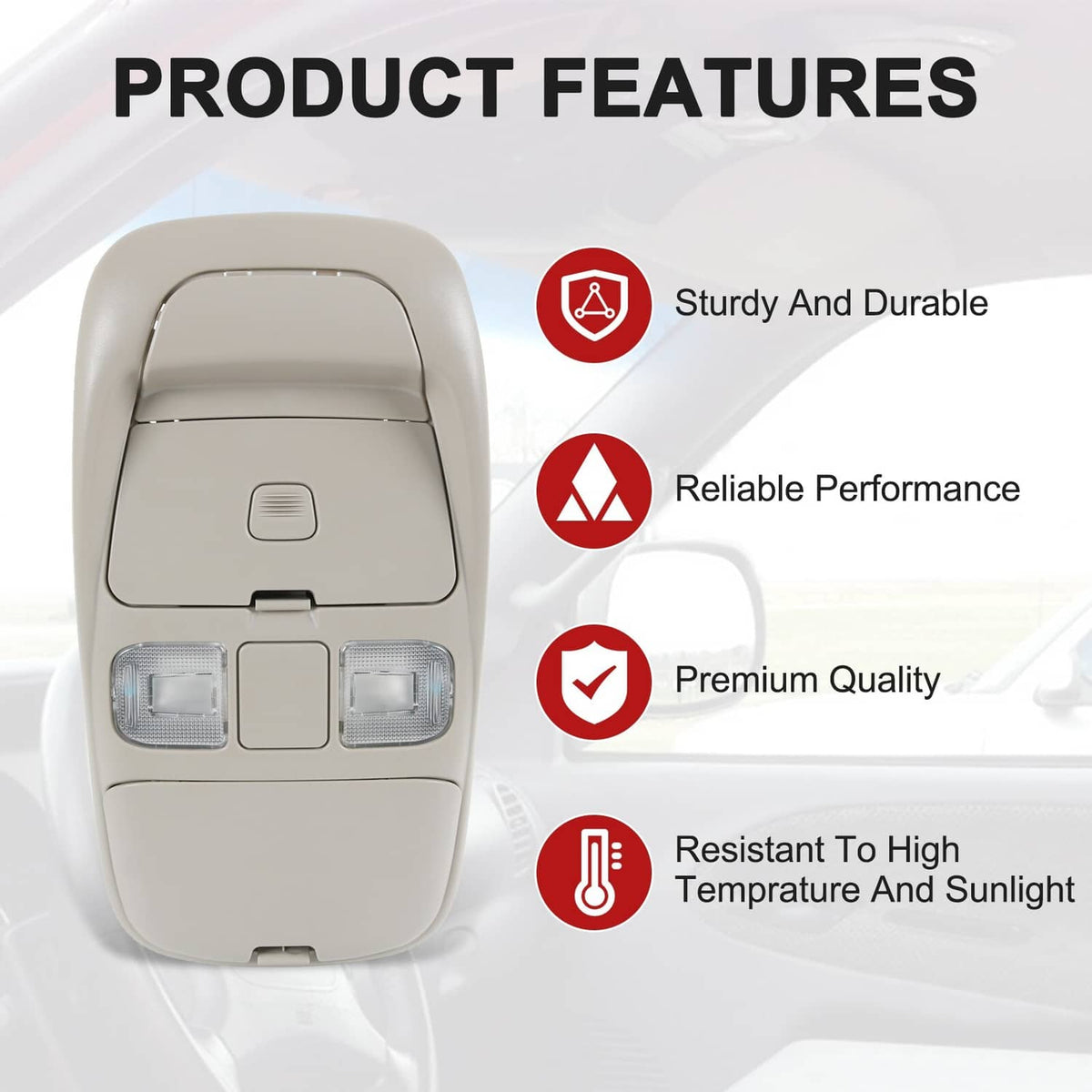 Beige overhead console dome light with three clear lenses and center switch