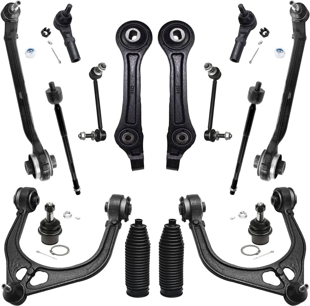 Suspension front control arm kit with black control arms, joints, tie rods, boots