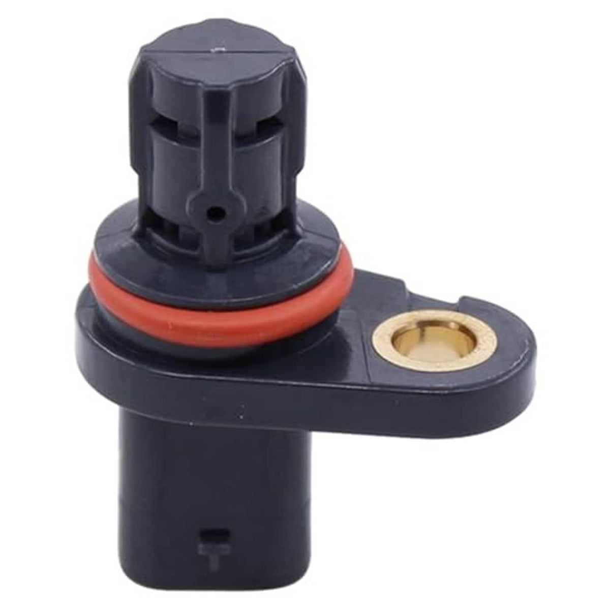 Camshaft position sensor on mounting base, dark housing, orange ring, brass hole