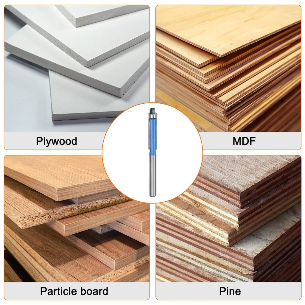 Flush trim router bit for trimming wood boards; shown on plywood, MDF, and pine