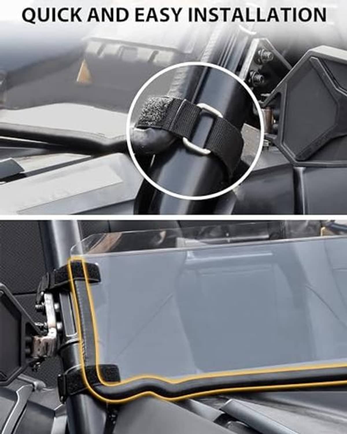 Clear windshield panel installation clips and straps on mounting bracket