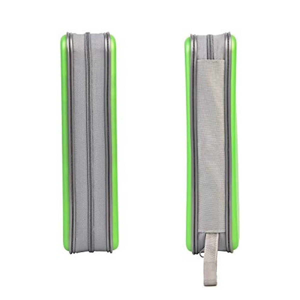 Green hard plastic CD case with gray fabric zipper strap, side view