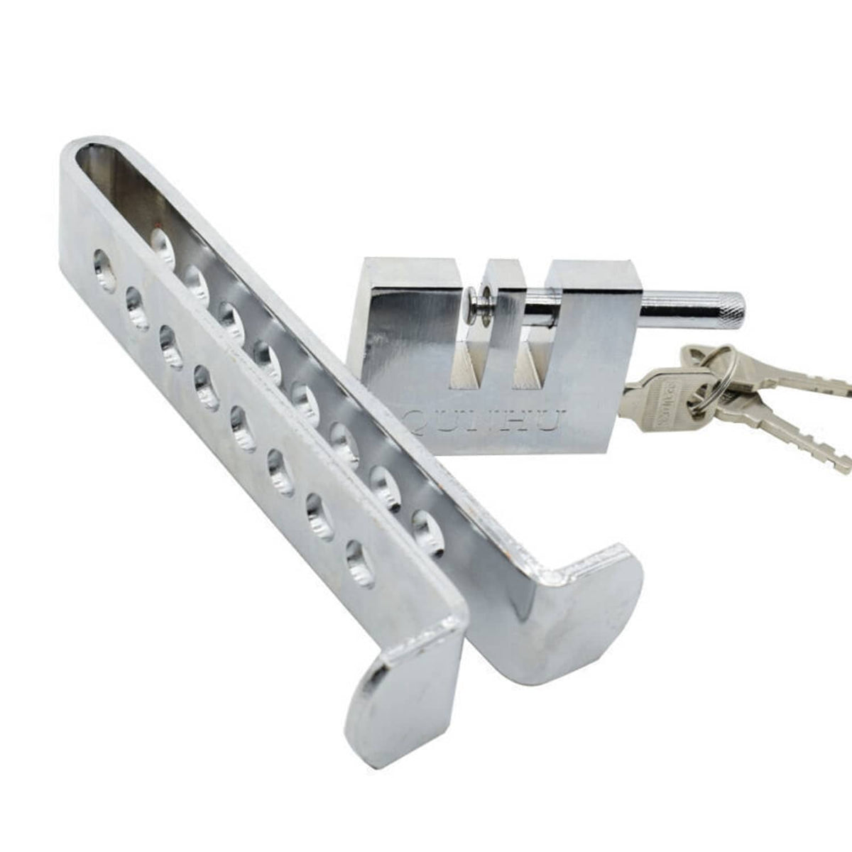 Silver metal pedal anti-theft lock with U-bar and key inserted