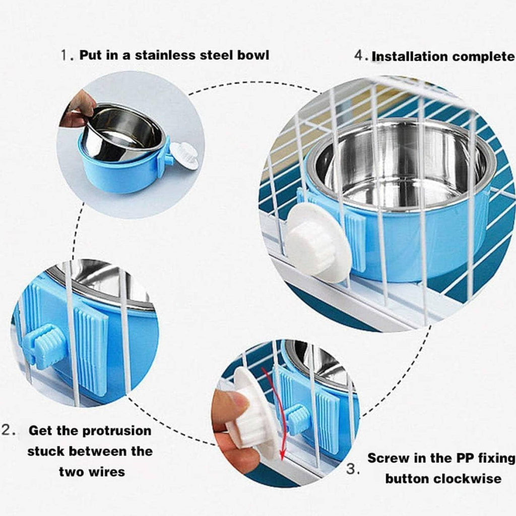 Hanging feeder bowl installation showing stainless steel bowl and blue fixing button