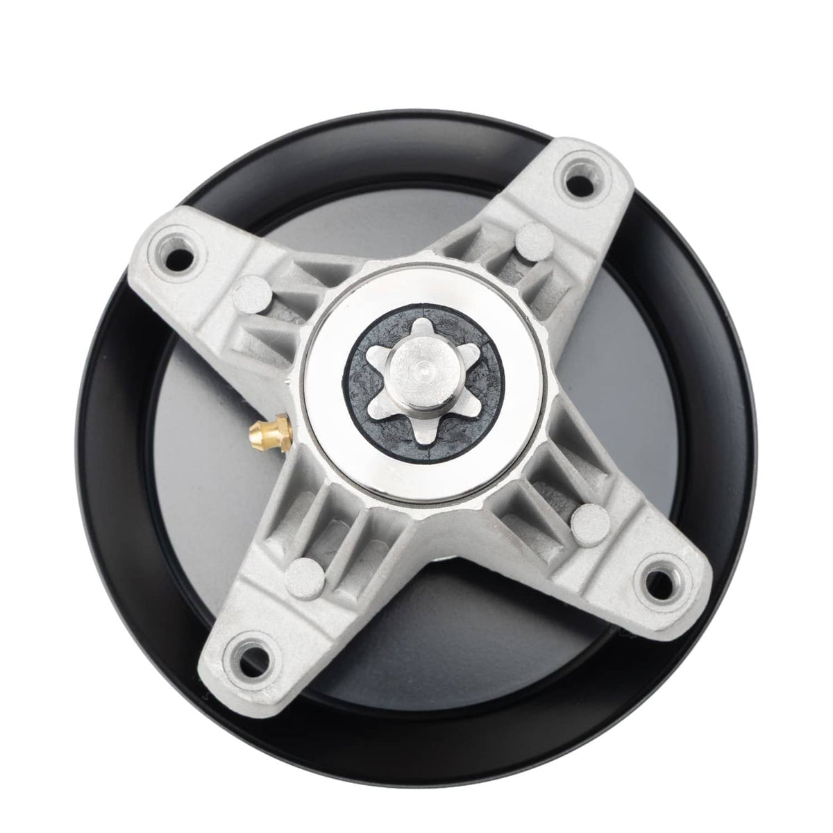 Deck spindle assembly showing black pulley, silver star-shaped bracket and grease-cap center