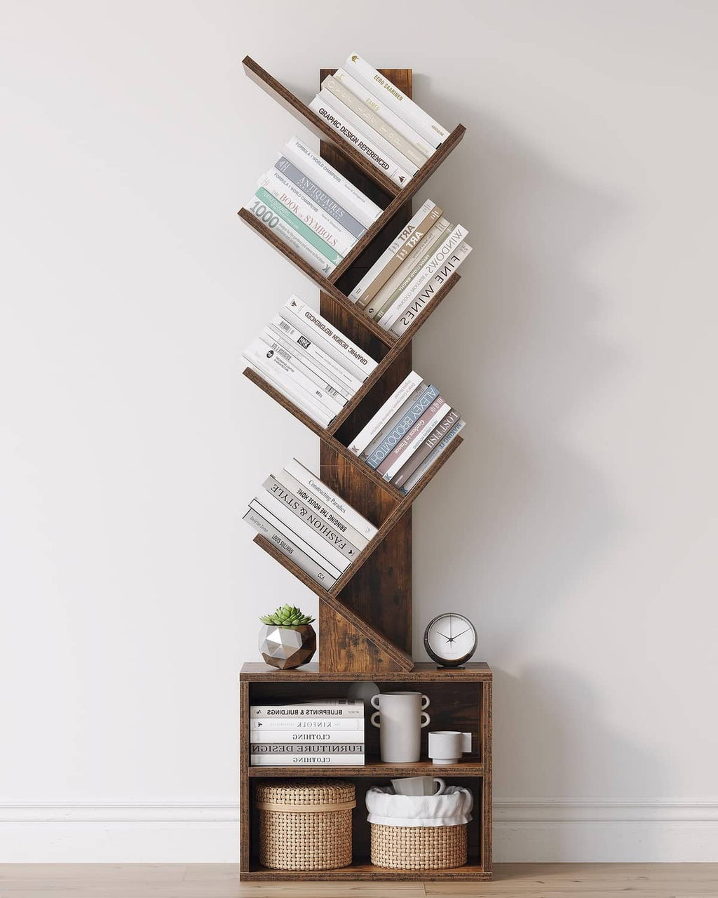 Brown 6-tier tree bookshelf with angled open shelves and lower cabinet storage base