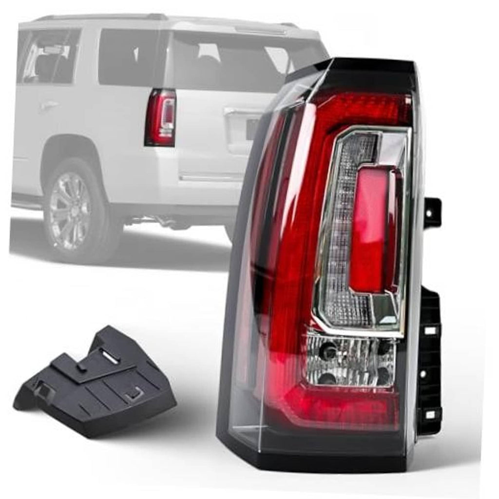 Left LED tail light assembly with red lens and chrome housing, includes wiring connector.